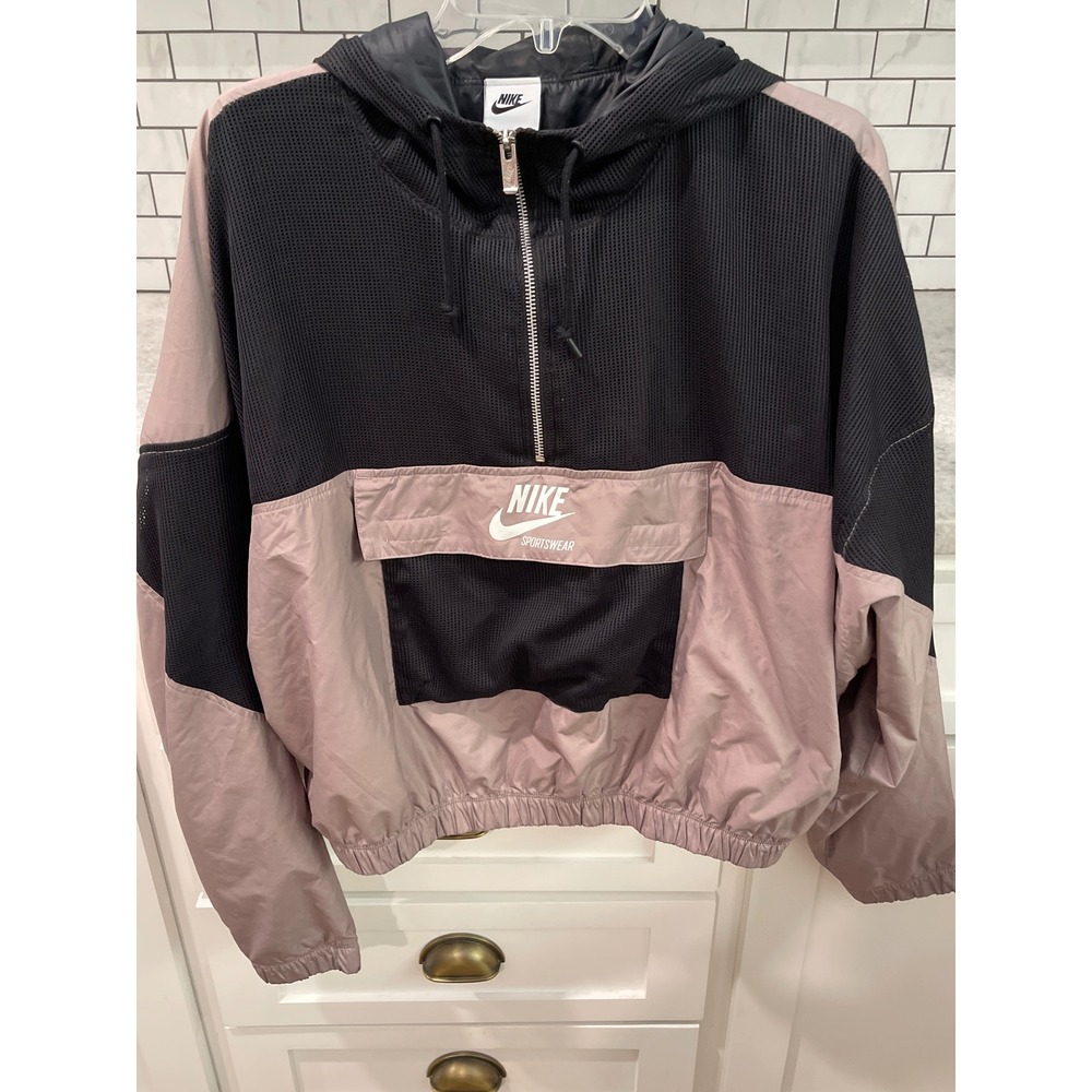 Nike Windbreaker Women XL Tan Black Nike Sportswear Half Zip Mesh Pullover